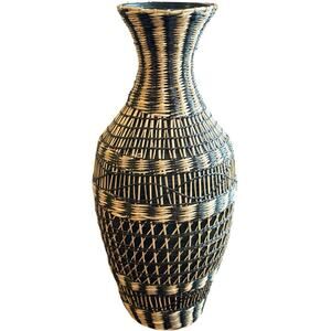 Vintage Black & Natural Handwoven Wicker Rattan Bamboo Floor Vase Boho Decor